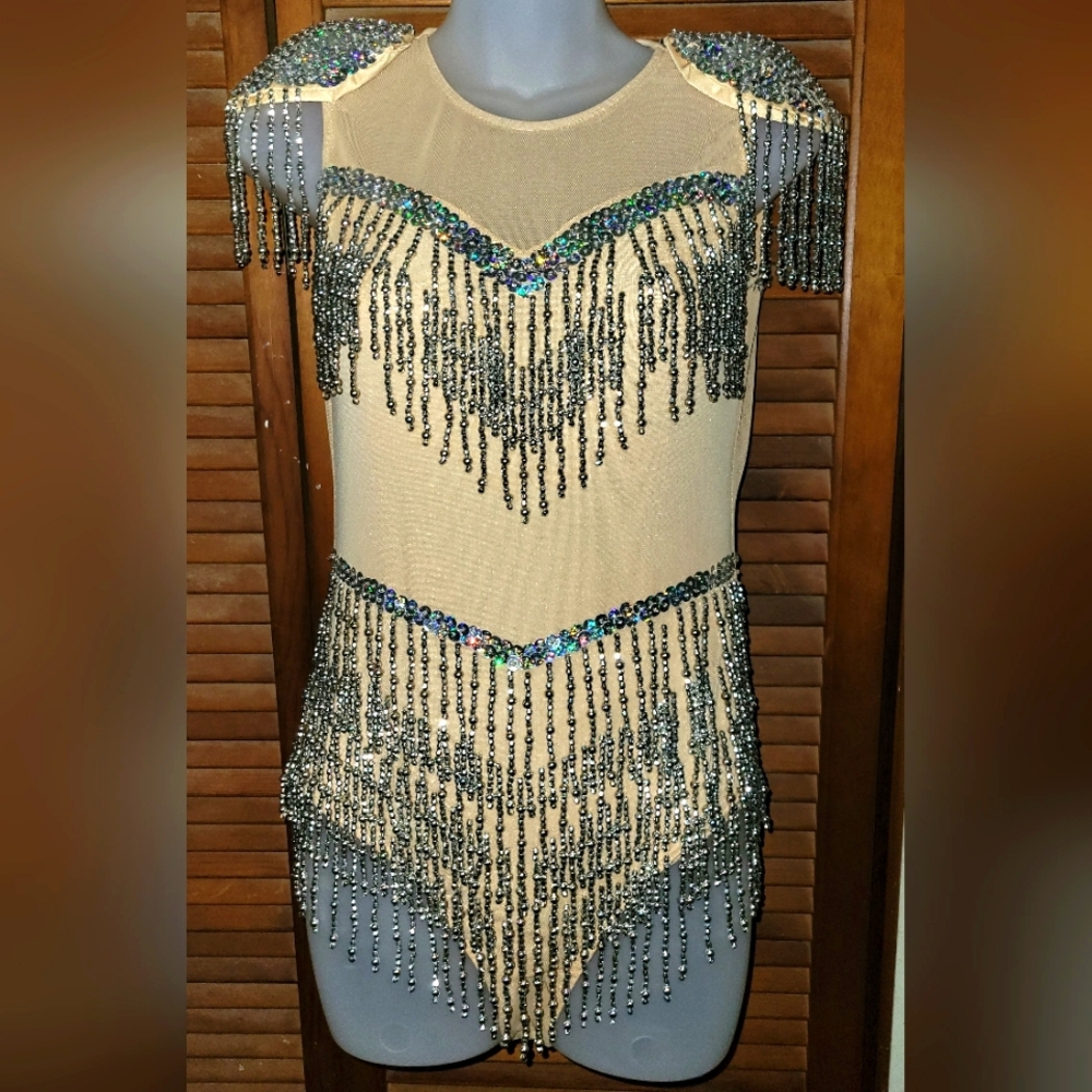 Elegant Sequin Fringe Bodysuit - Cream and Silver
